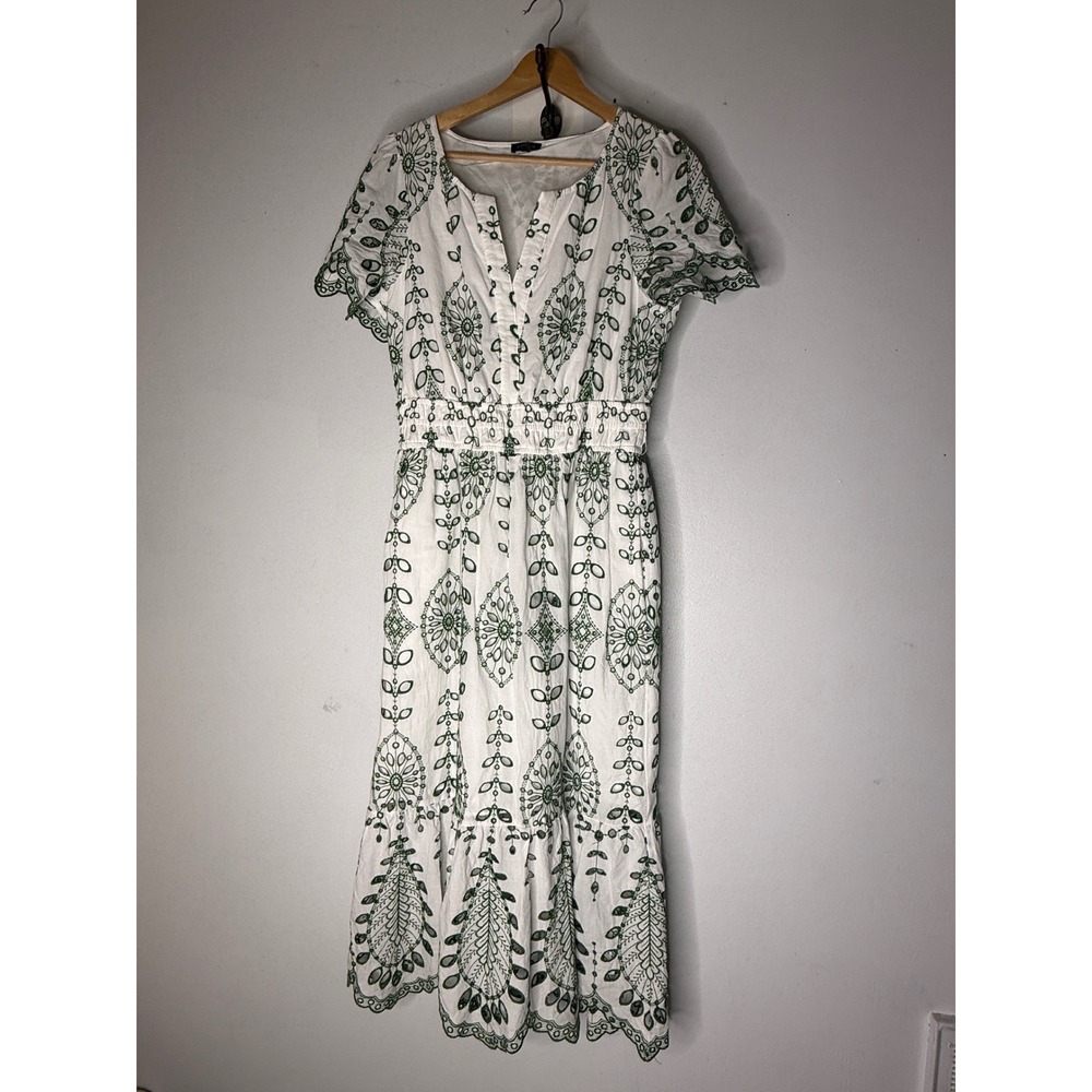 Talbots Womens White Green Eyelet Embroidered Cotton Midi tiered Dress Size 6